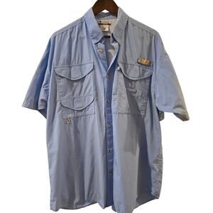 Columbia SPF 50 Vented Caped Fishing Hiking Outdoor Shirt Light Blue Mens Large